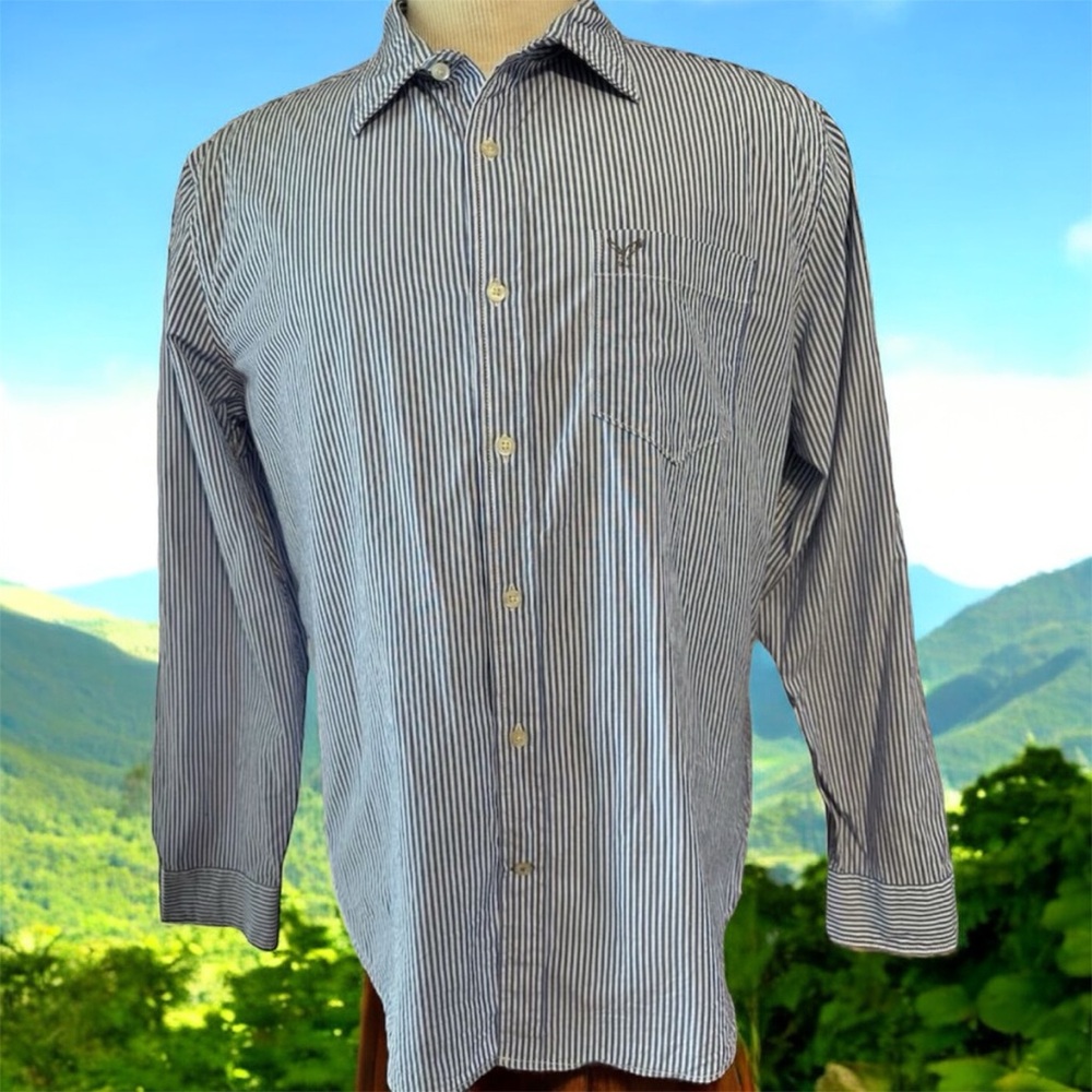 American Eagle Athletic Fit Striped Button-Down
Shirt Blue/White Long Sleeve
